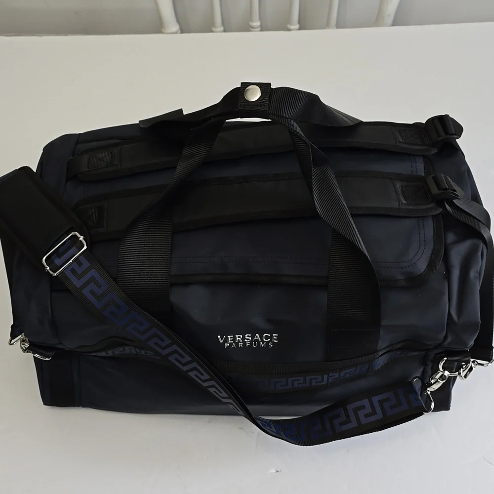 NWOT Versace Parfums Limited Edition Weekend Duffle Gym Bag Backpack Dark Blue